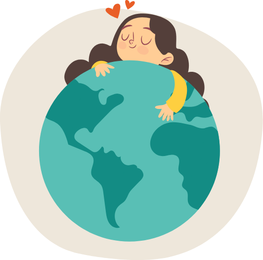 Illustration. En flicka som kramar en jordglob.