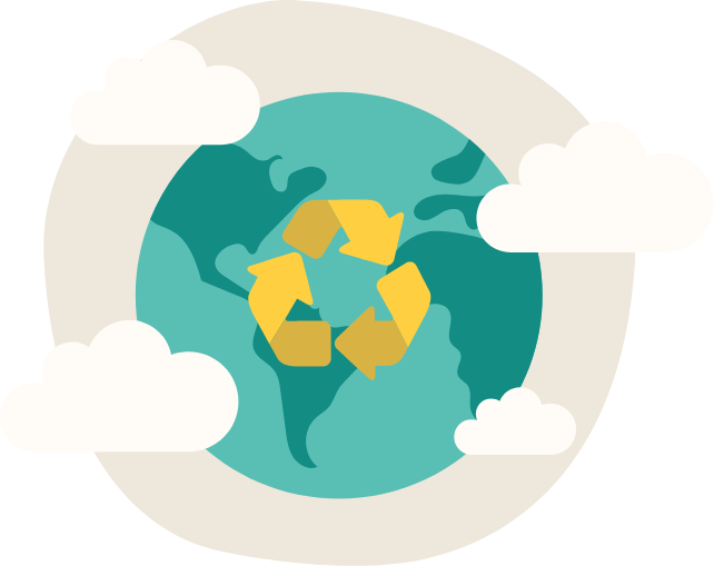 Illustration. En jordblob med moln runtom. På jordgloben finns en återvinningssymbol.